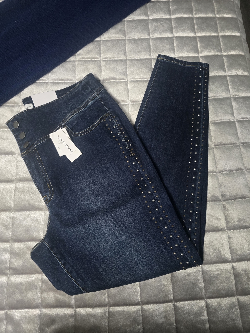 Lane Bryant Dark Wash High-Rise Studded Skinny Jeans - Dark Blue